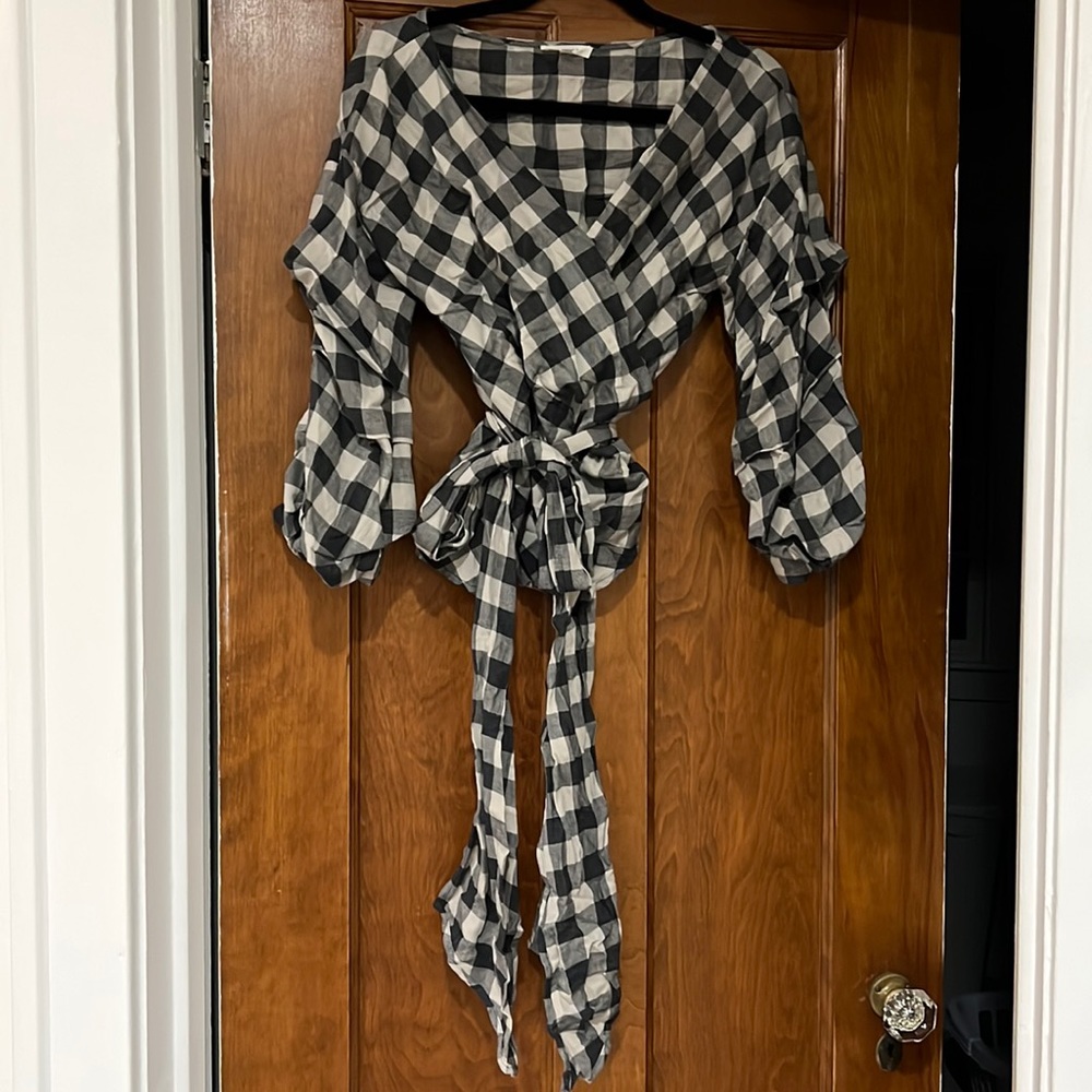 Plaid wrap shirt with puff sleeve detail